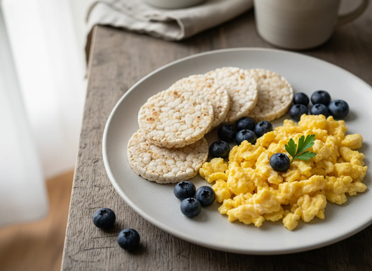 Desayuno con huevos revueltos, galletas de arroz y arándanos photo