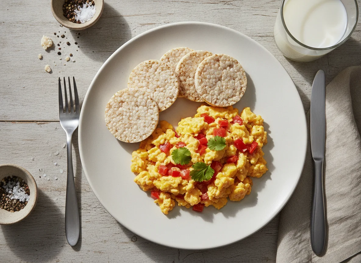 Desayuno con huevos revueltos, galletas de arroz y leche photo