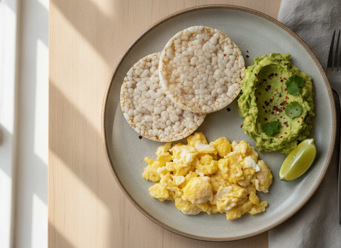 Desayuno con huevos revueltos, galletas de arroz y palta photo