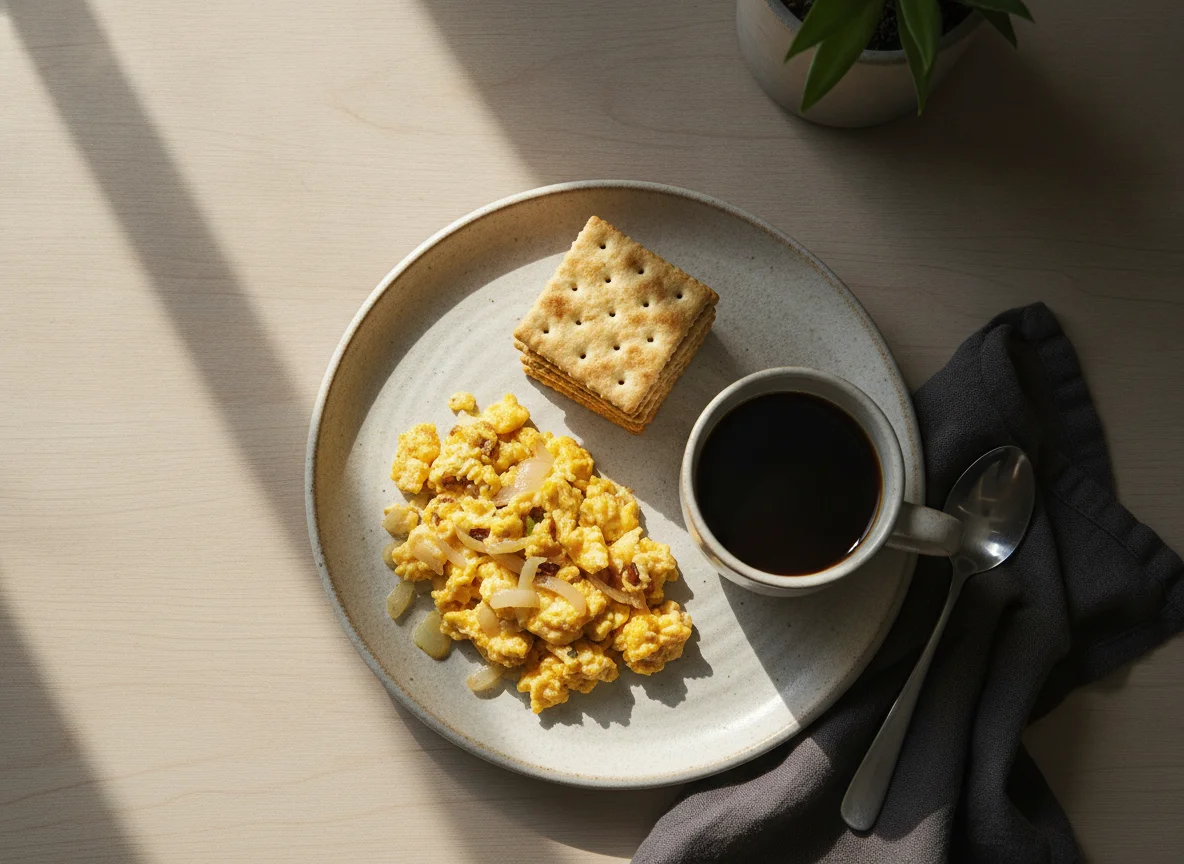 Desayuno con huevos revueltos, galletas y café photo