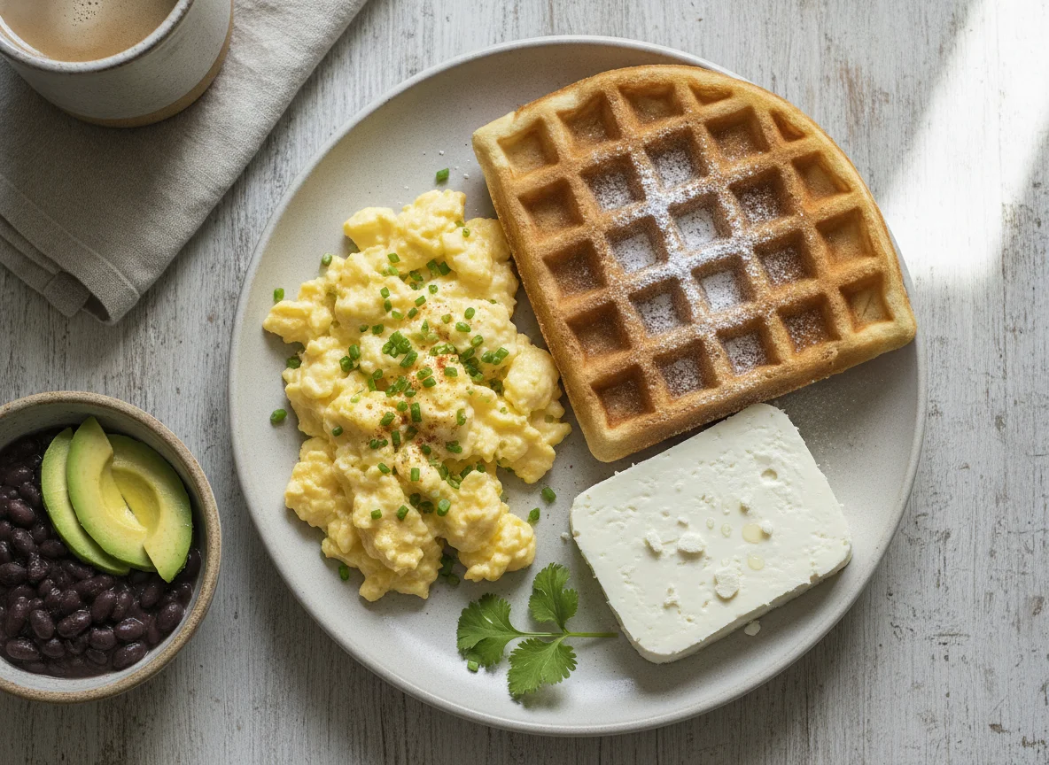 Desayuno con huevos revueltos, gofre y queso photo