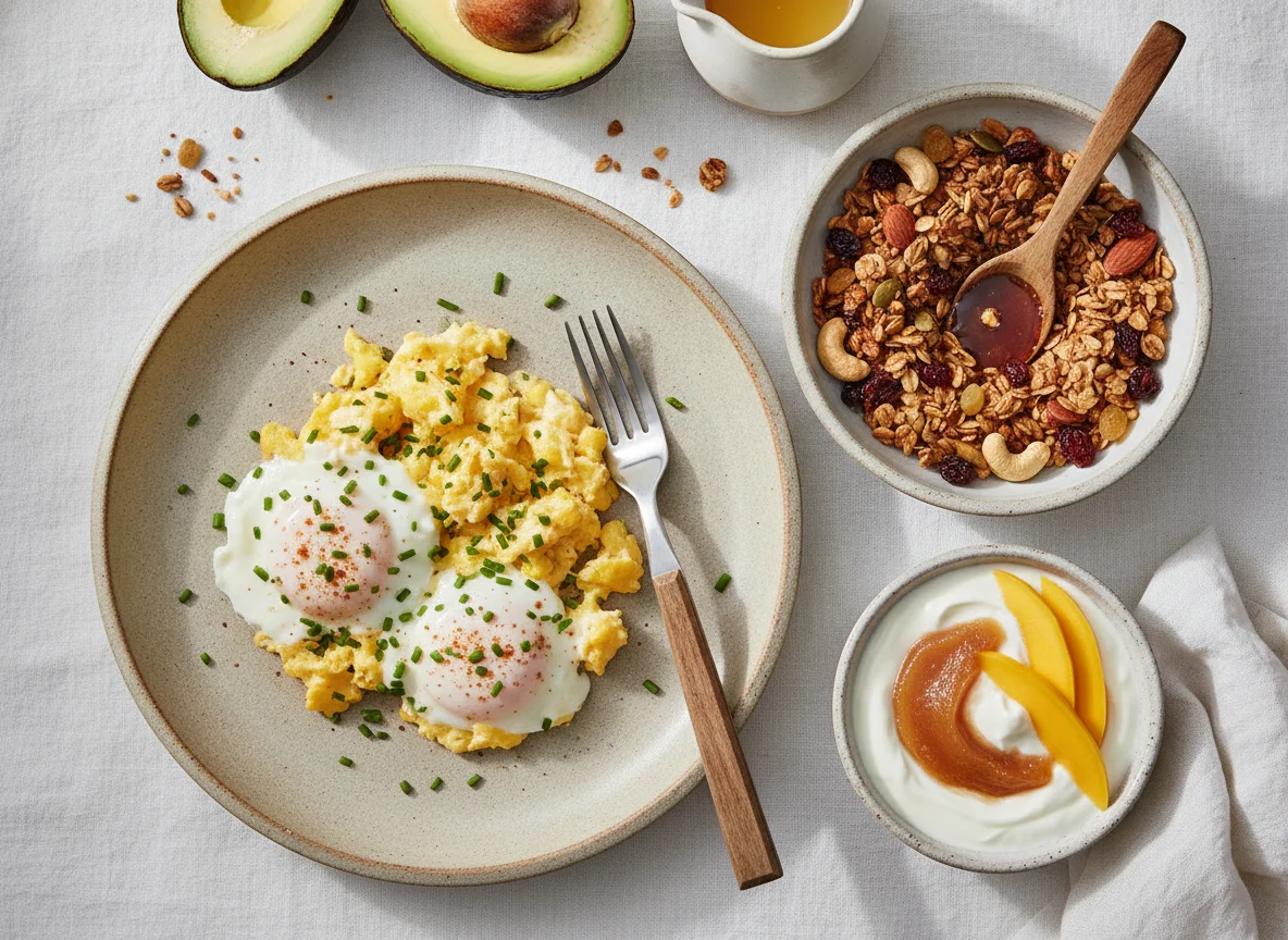Desayuno con huevos revueltos, granola y yogur photo