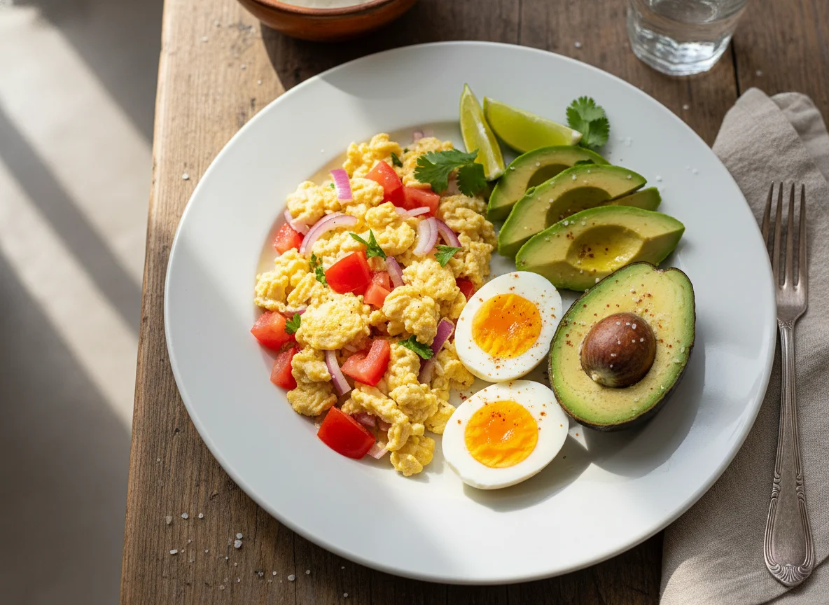 Desayuno con huevos revueltos, huevos duros y palta photo