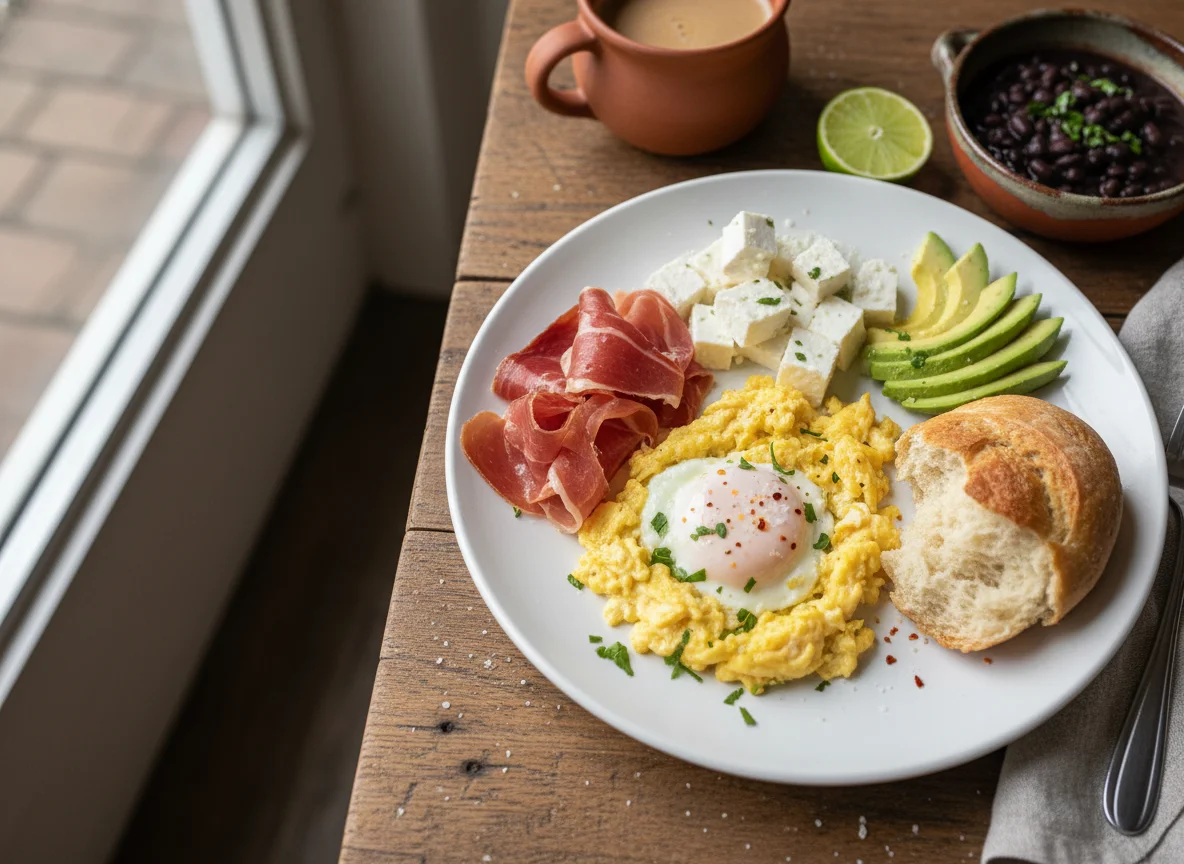 Desayuno con huevos revueltos, jamón, queso y aguacate photo