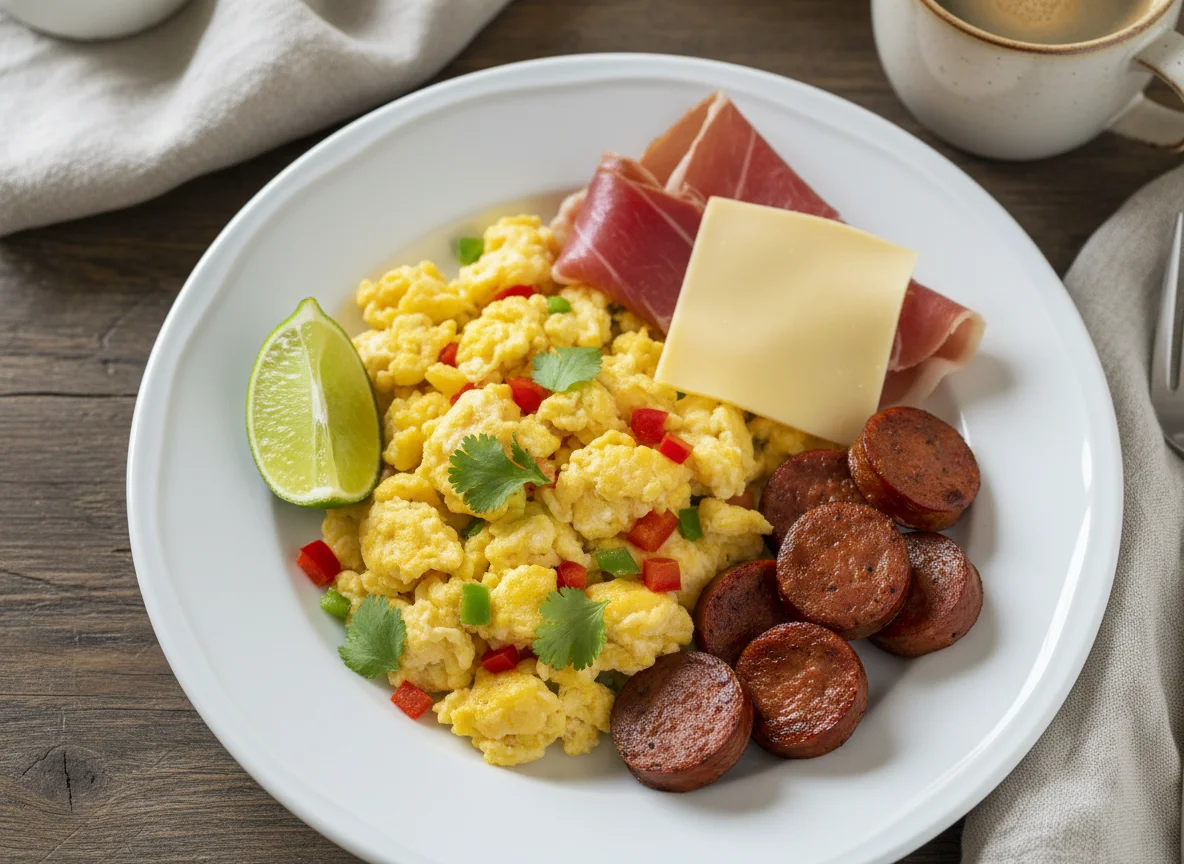 Desayuno con huevos revueltos, jamón, queso y salchicha photo