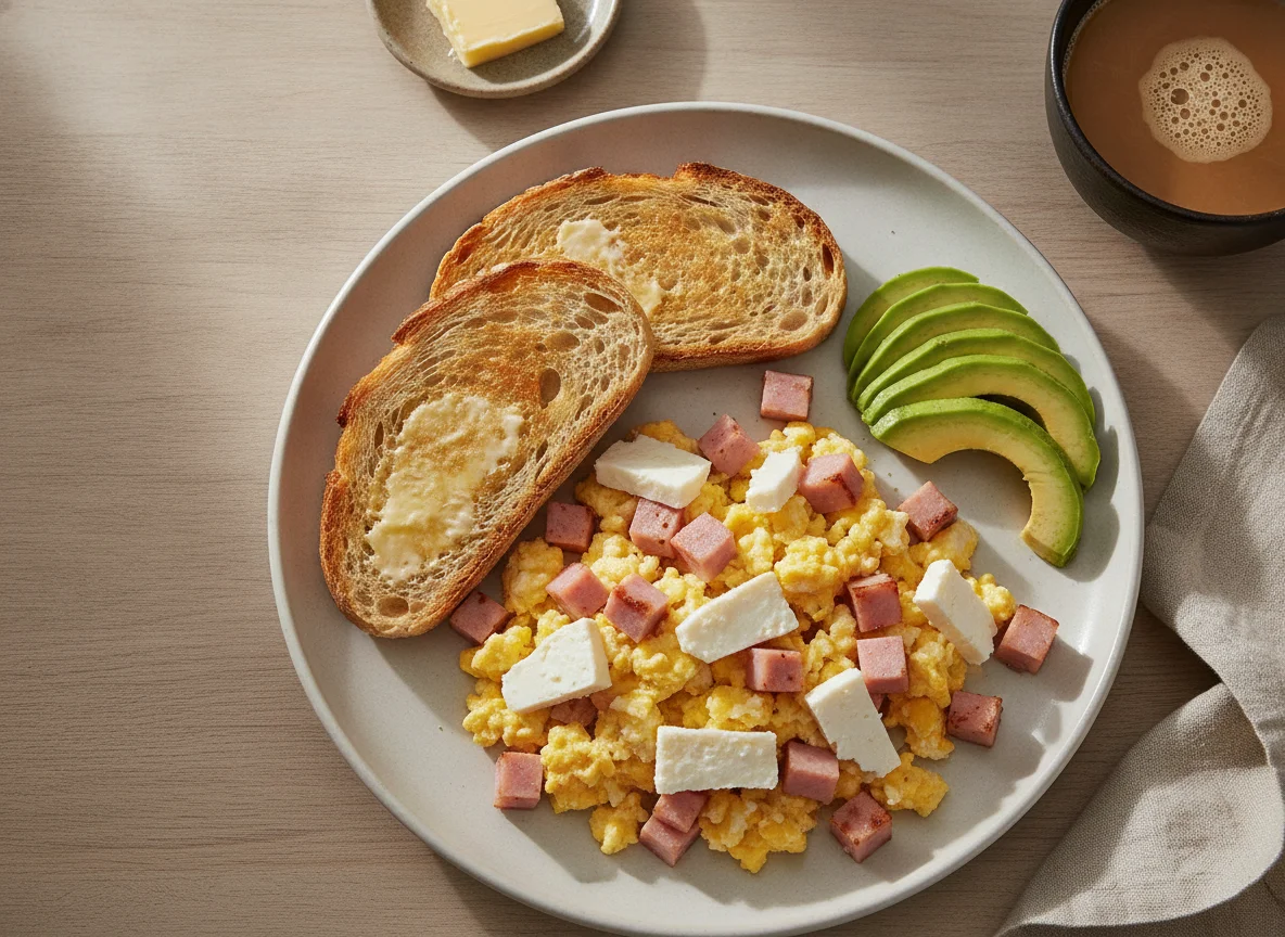 Desayuno con huevos revueltos, jamón, queso y tostadas photo