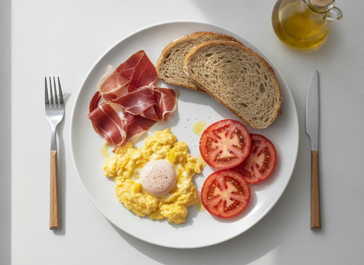 Desayuno con huevos revueltos, jamón serrano, tomate y pan integral photo