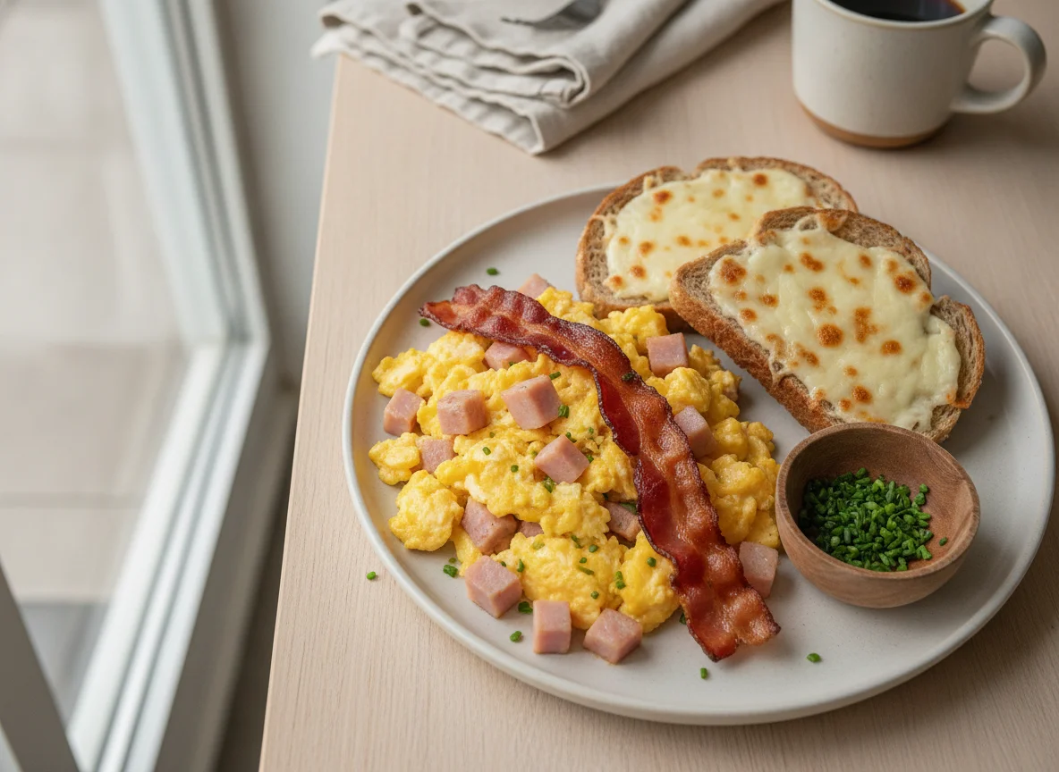 Desayuno con huevos revueltos, jamón, tocino y pan con queso photo