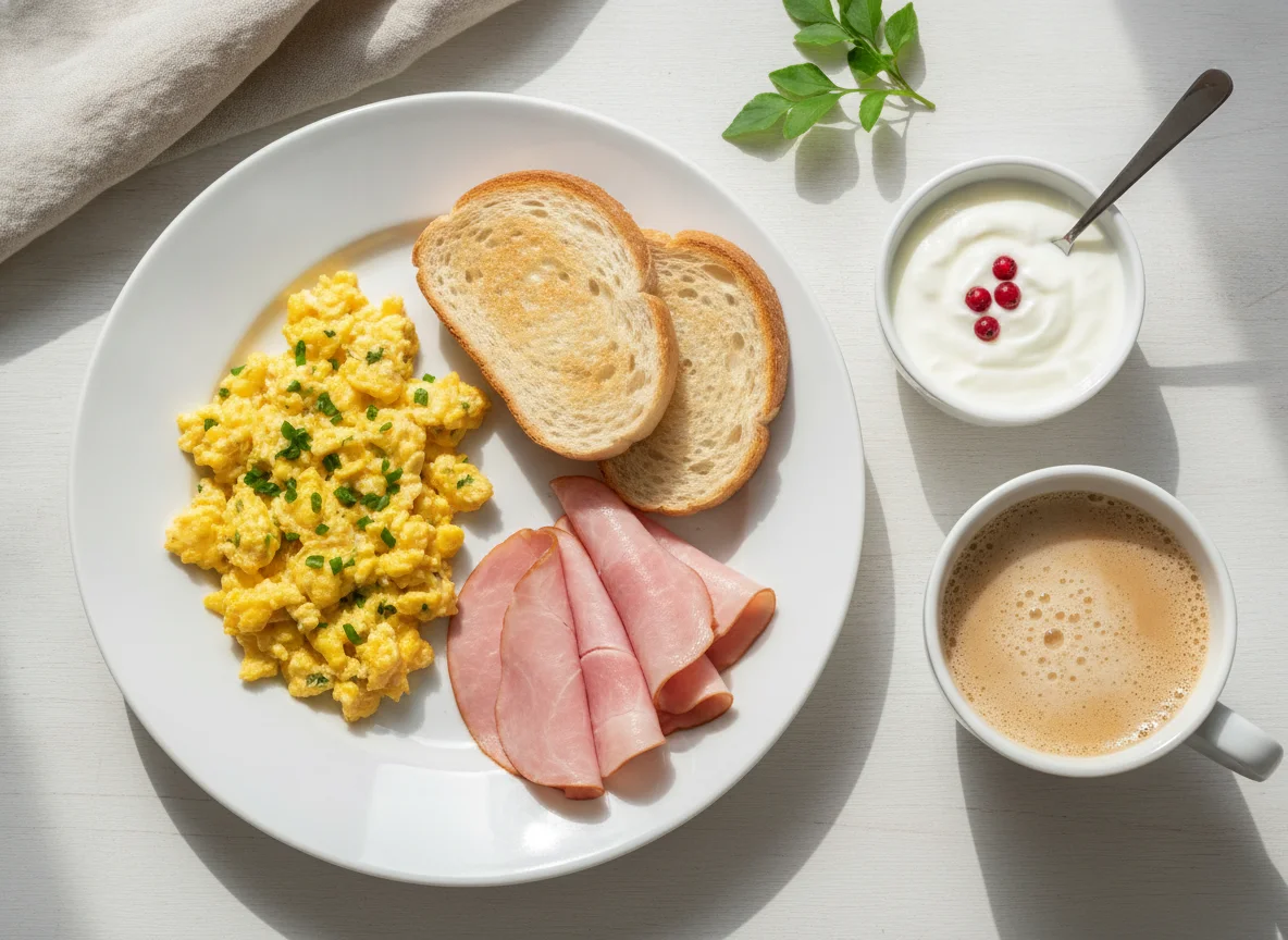 Desayuno con huevos revueltos, jamón, tostada, yogur y café photo
