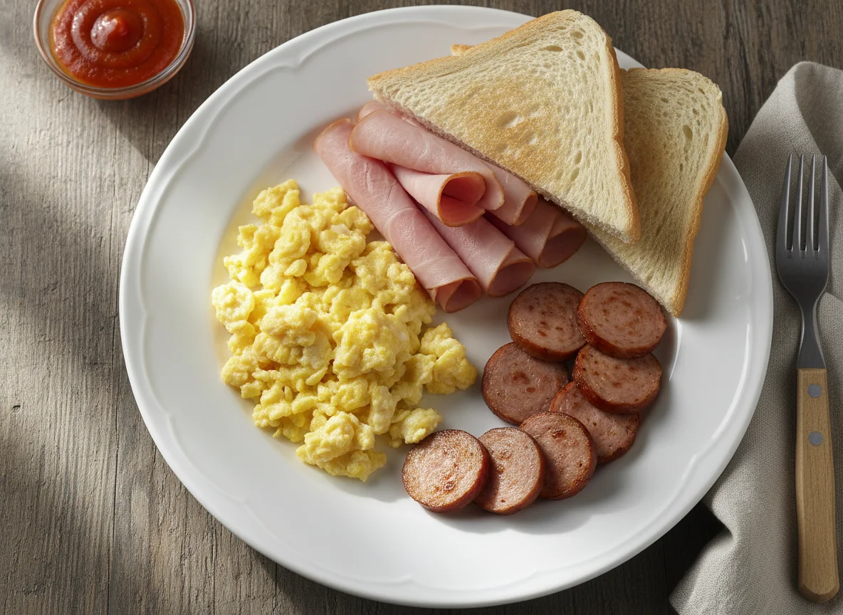 Desayuno con huevos revueltos, jamón y pan photo
