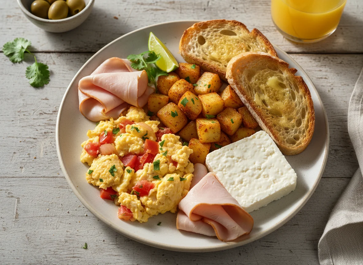 Desayuno con huevos revueltos, jamón y papas photo