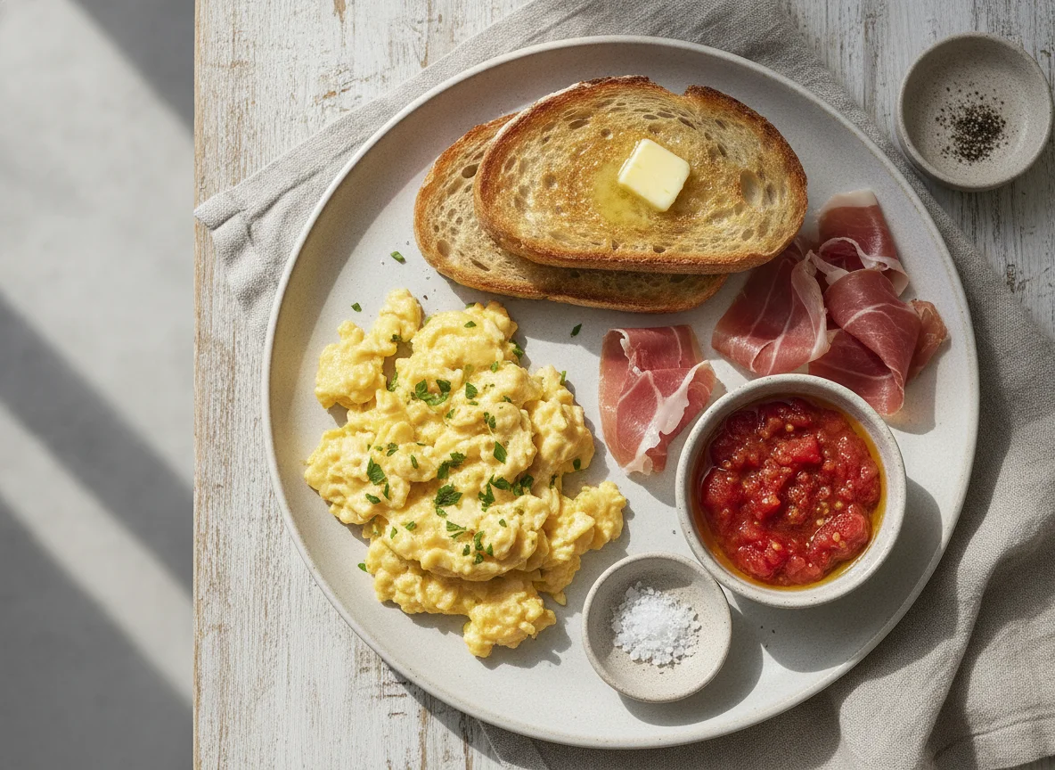 Desayuno con huevos revueltos, jamón y tostadas photo
