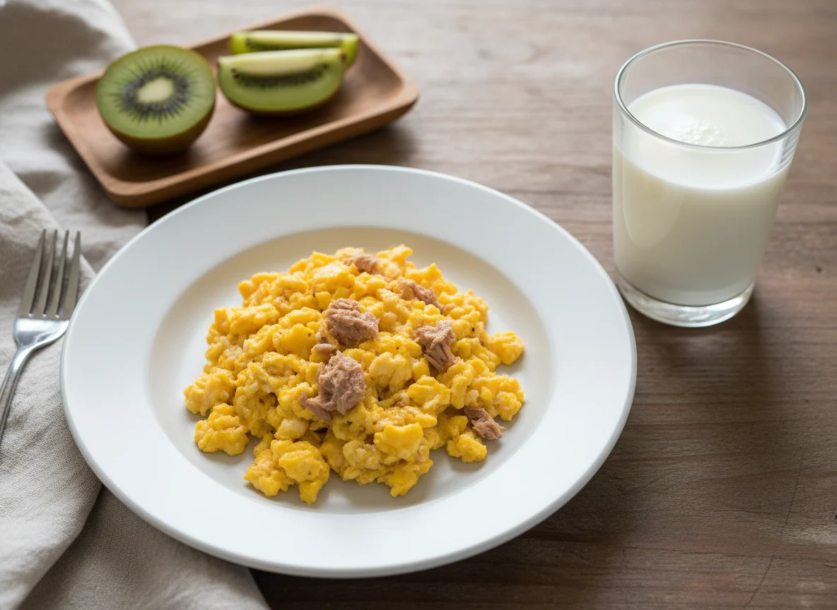 Desayuno con huevos revueltos, kiwi y leche photo