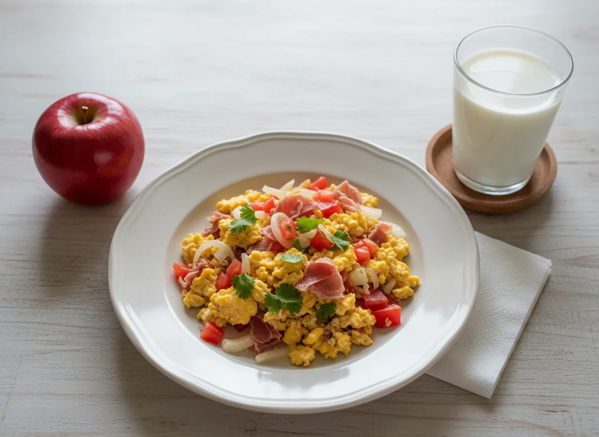 Desayuno con huevos revueltos, leche y manzana photo