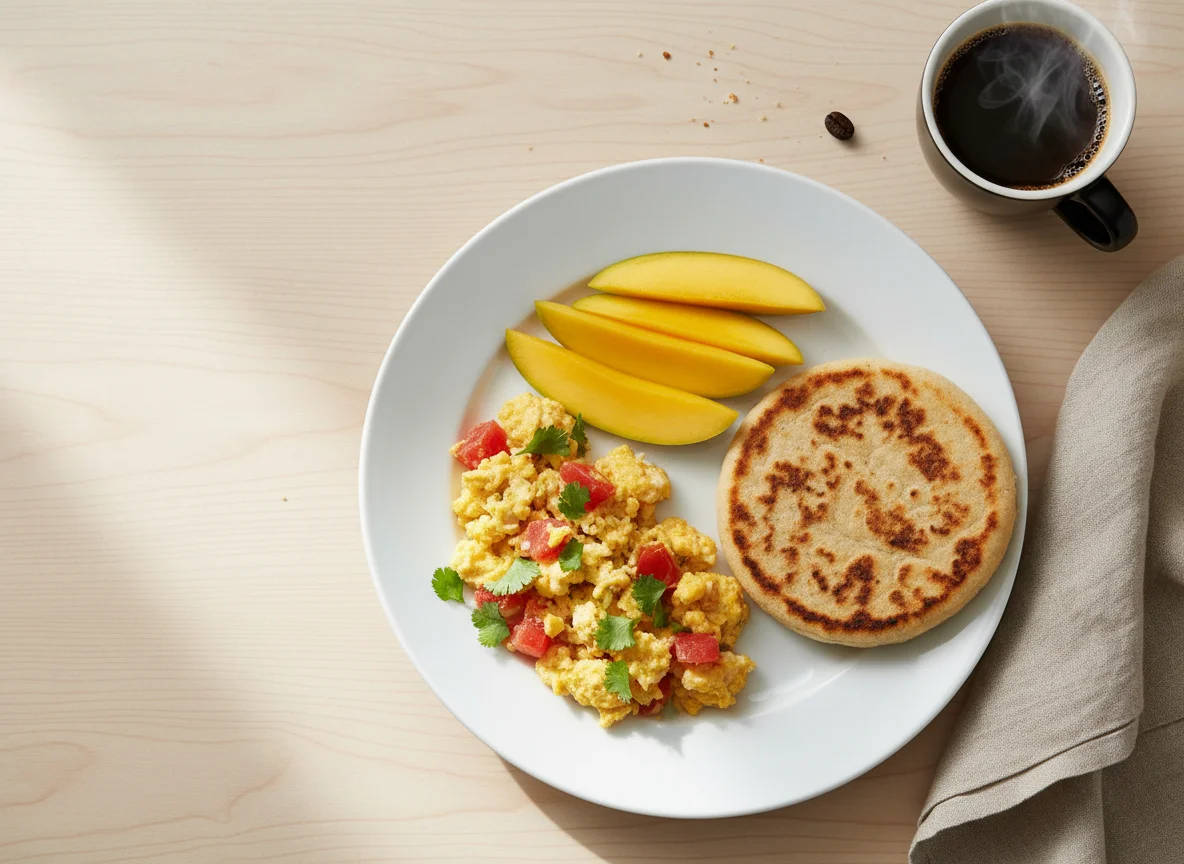 Desayuno con huevos revueltos, mango y arepa photo