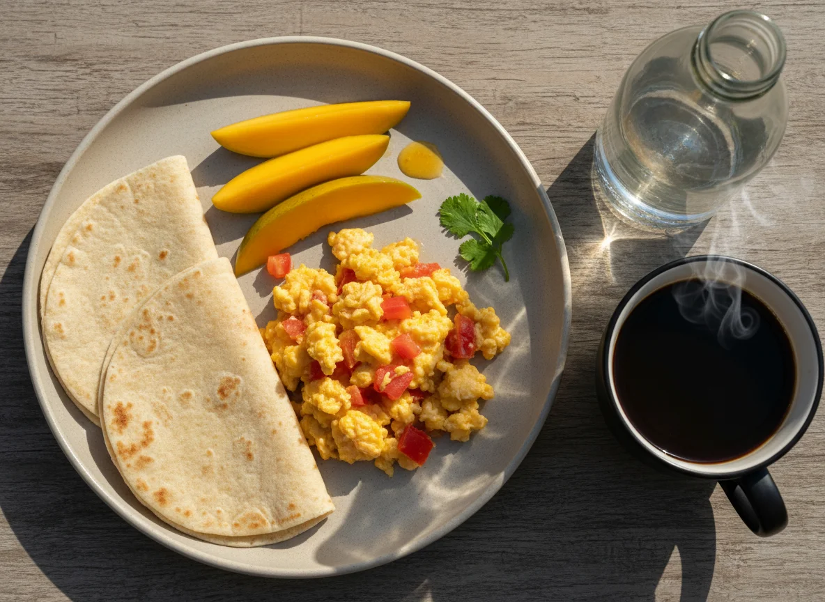 Desayuno con huevos revueltos, mango y tortillas photo