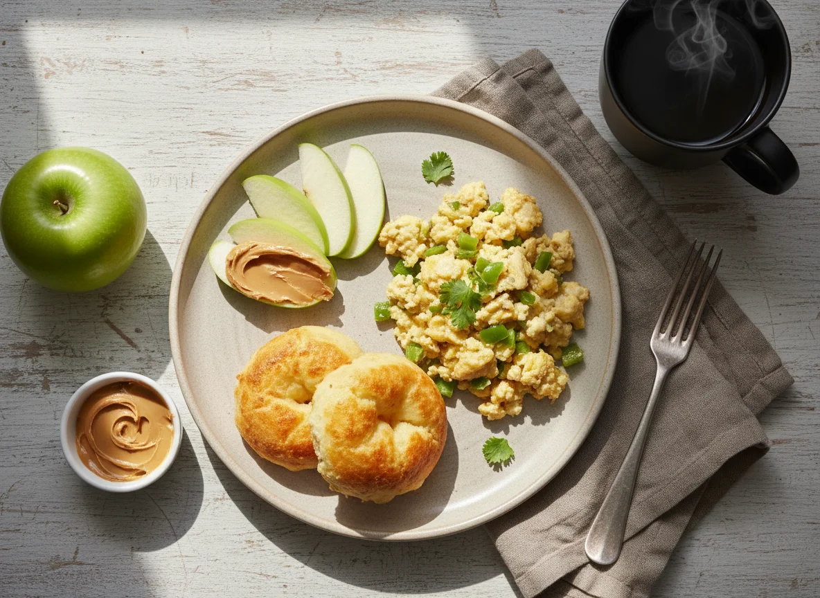 Desayuno con huevos revueltos, manzana, mantequilla de maní y pandebono photo