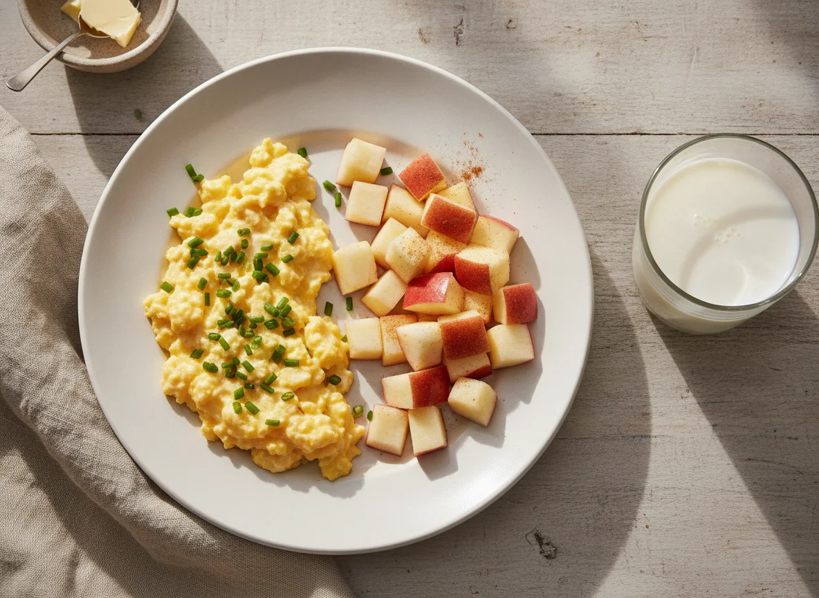 Desayuno con huevos revueltos, manzana y leche photo
