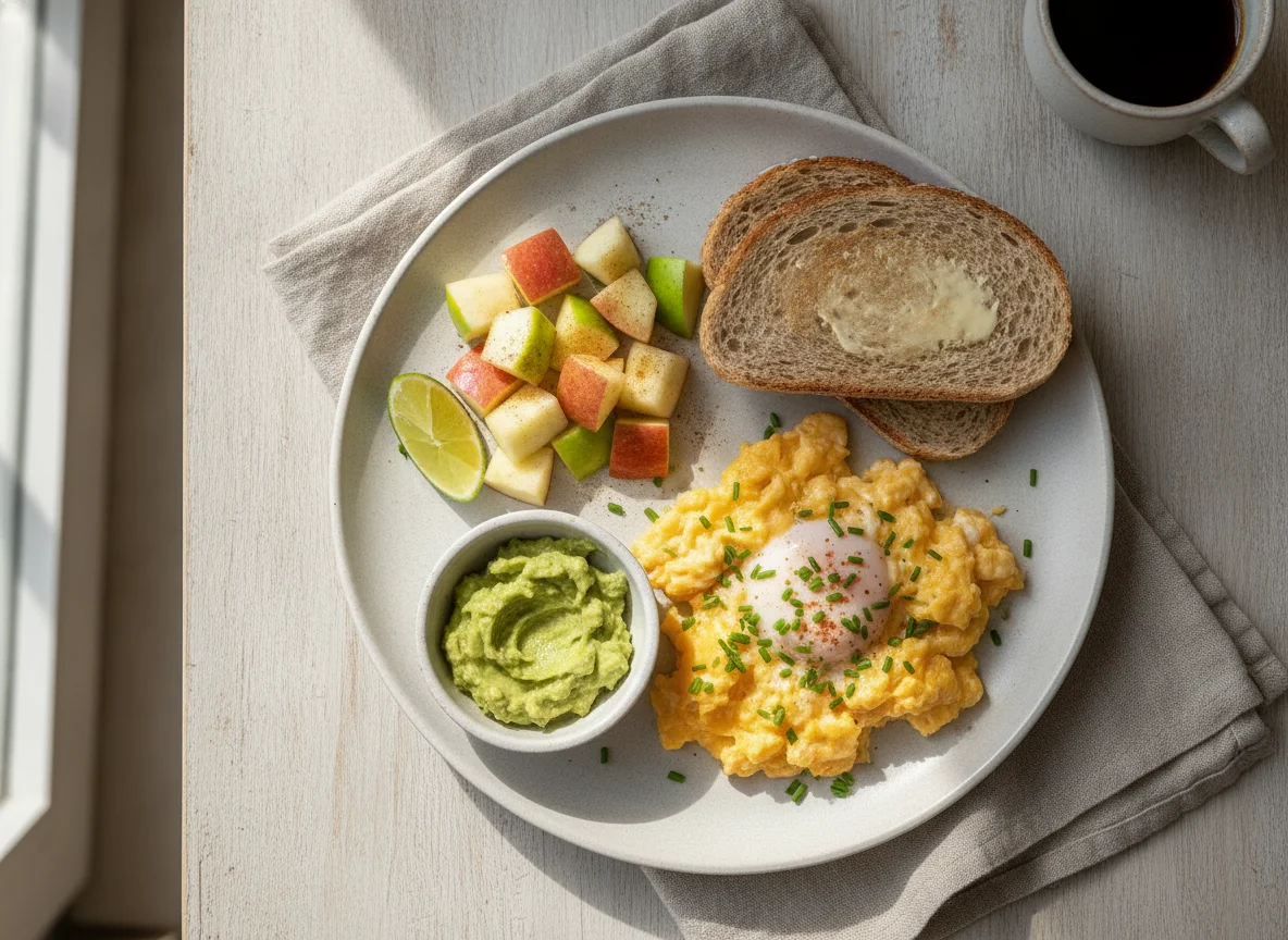 Desayuno con huevos revueltos, manzana y tostada photo