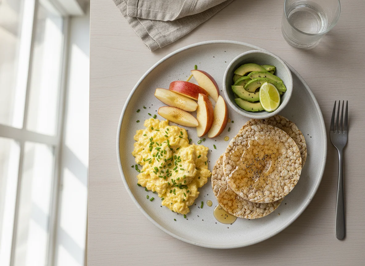 Desayuno con huevos revueltos, manzana y tostada de arroz photo