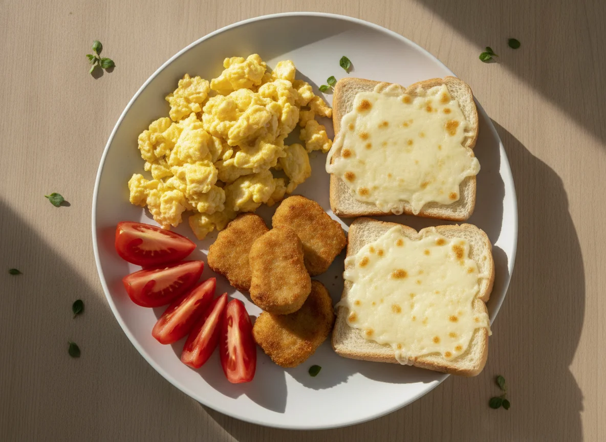 Desayuno con huevos revueltos, nuggets, tostadas y tomate photo