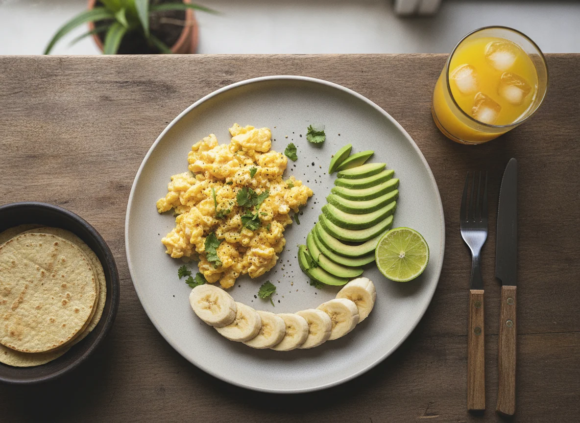 Desayuno con huevos revueltos, palta y banana photo