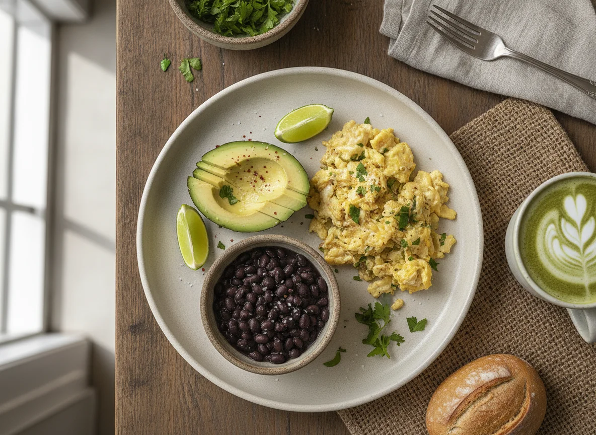 Desayuno con huevos revueltos, palta y matcha latte photo