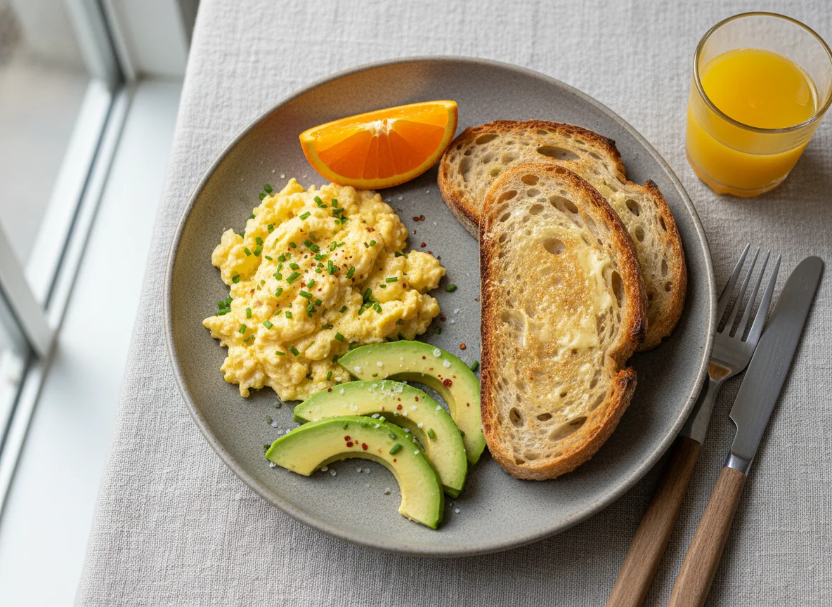 Desayuno con huevos revueltos, palta y pan photo