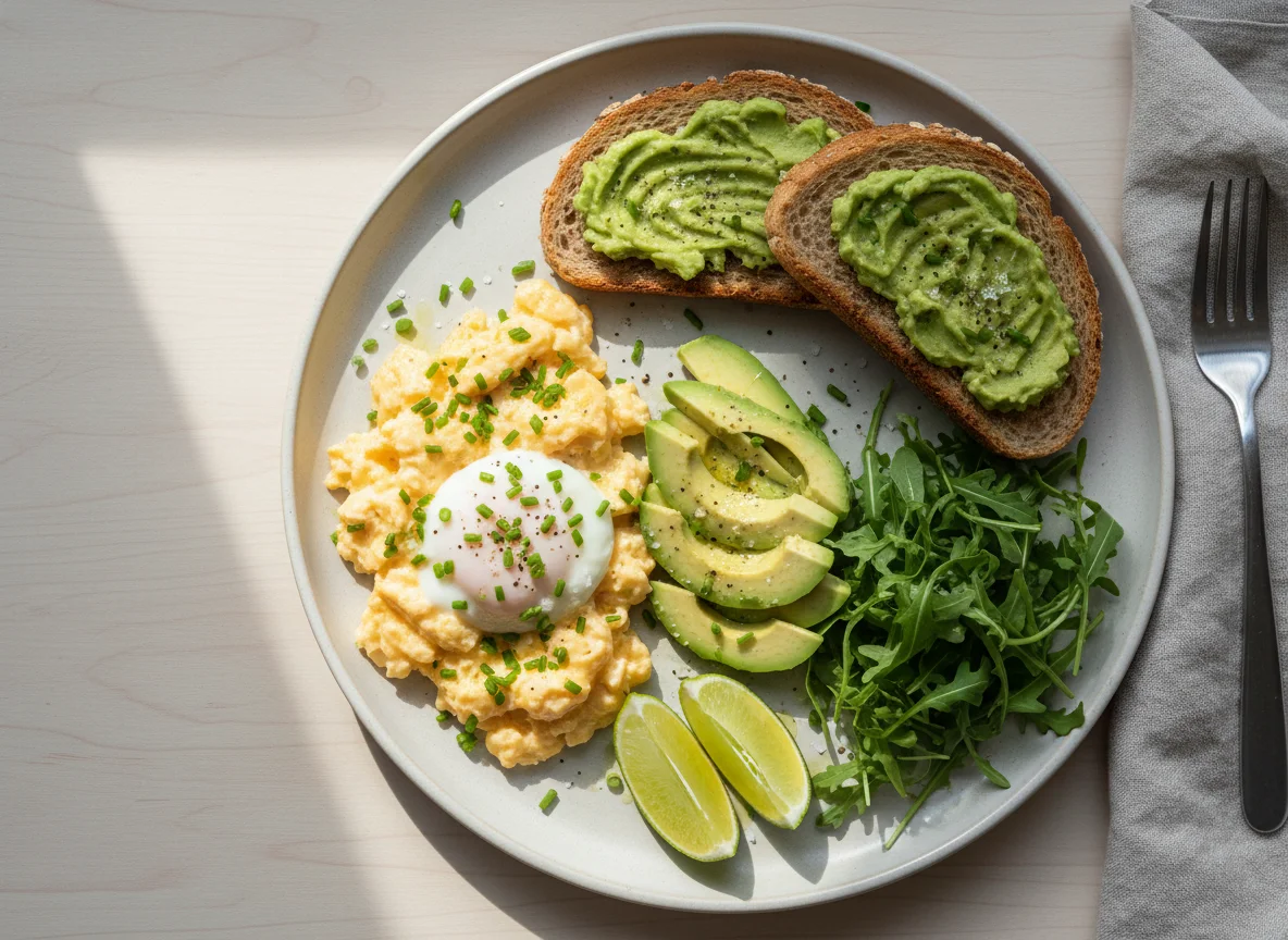 Desayuno con huevos revueltos, palta y tostada photo