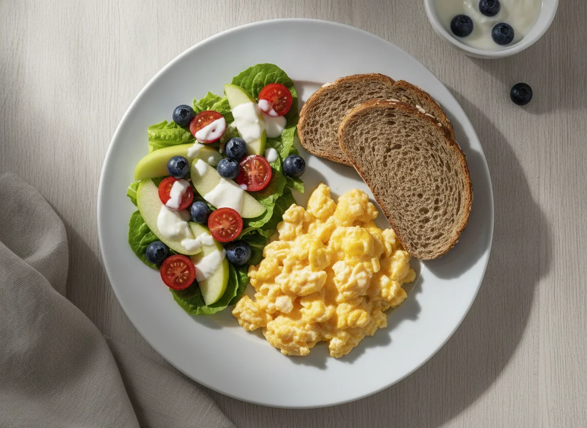 Desayuno con huevos revueltos, pan integral y ensalada de frutas photo