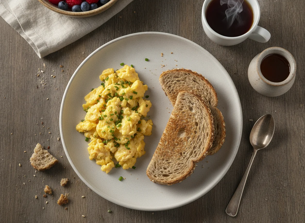 Desayuno con huevos revueltos, pan integral y té photo