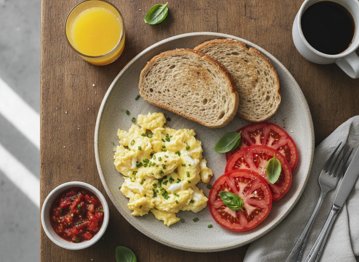 Desayuno con huevos revueltos, pan integral y tomate photo