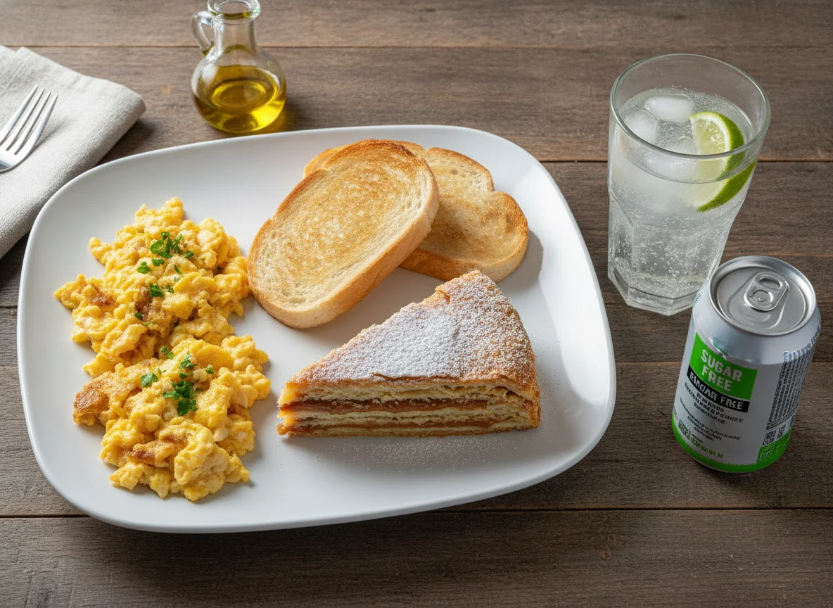 Desayuno con huevos revueltos, pan tostado, torta milhojas y bebida energética photo