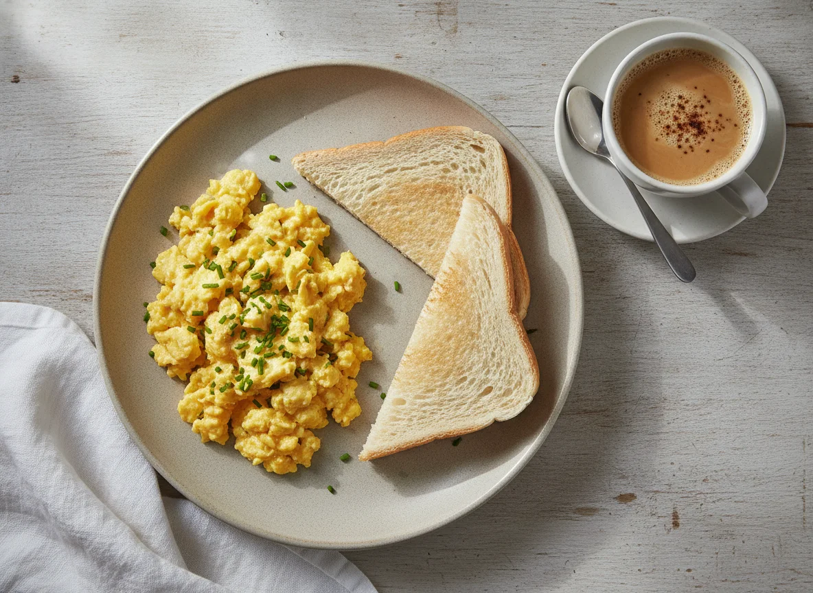 Desayuno con huevos revueltos, pan y café con leche photo
