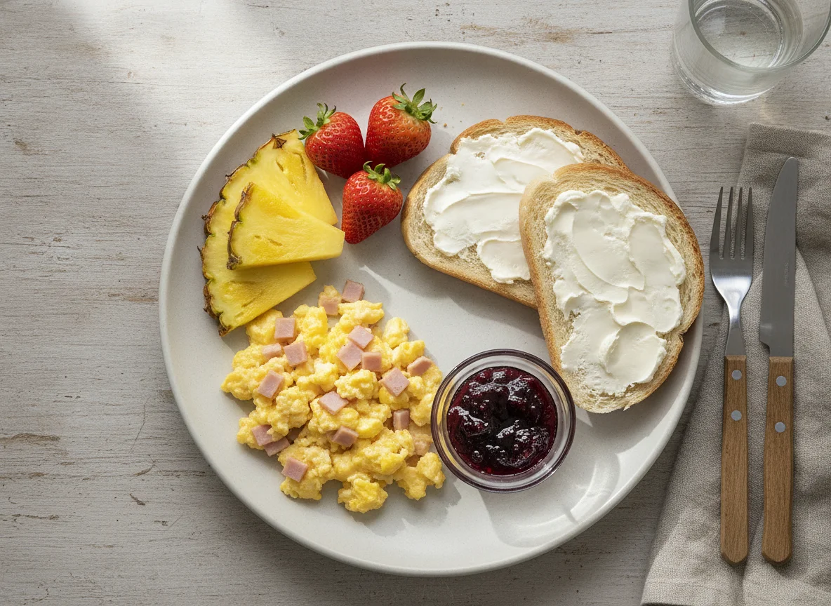 Desayuno con huevos revueltos, pan y fruta photo
