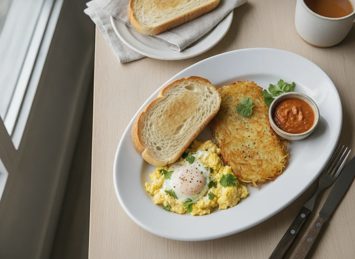 Desayuno con huevos revueltos, pan y hash brown photo