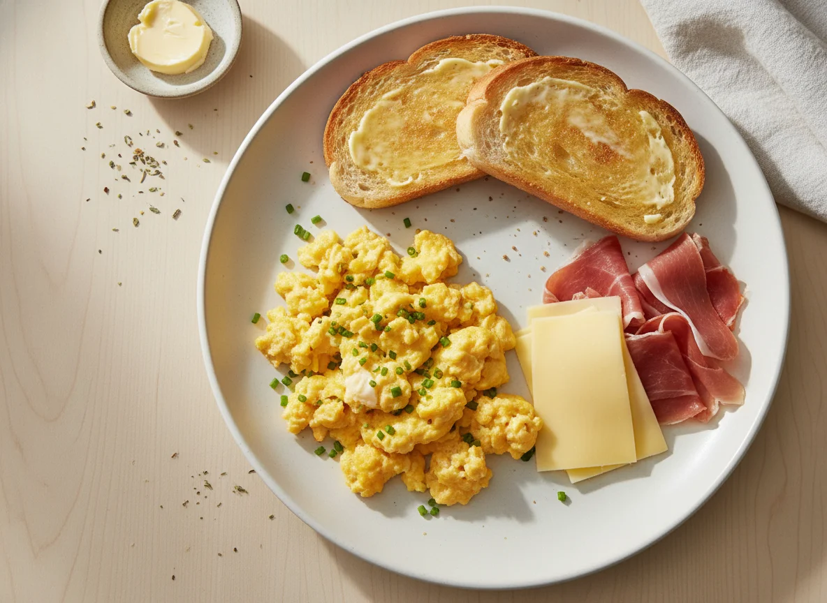 Desayuno con huevos revueltos, pan y jamón con queso photo