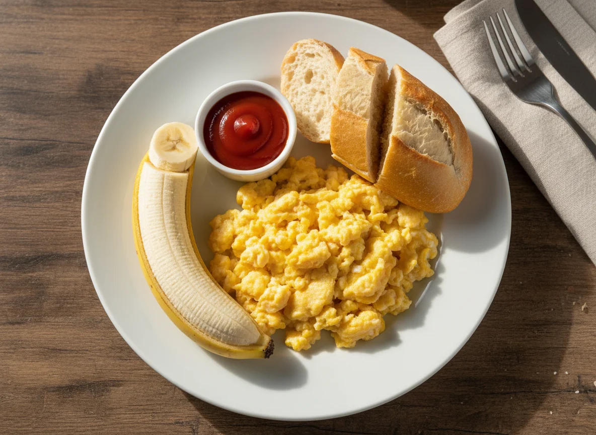 Desayuno con huevos revueltos, pan y plátano photo