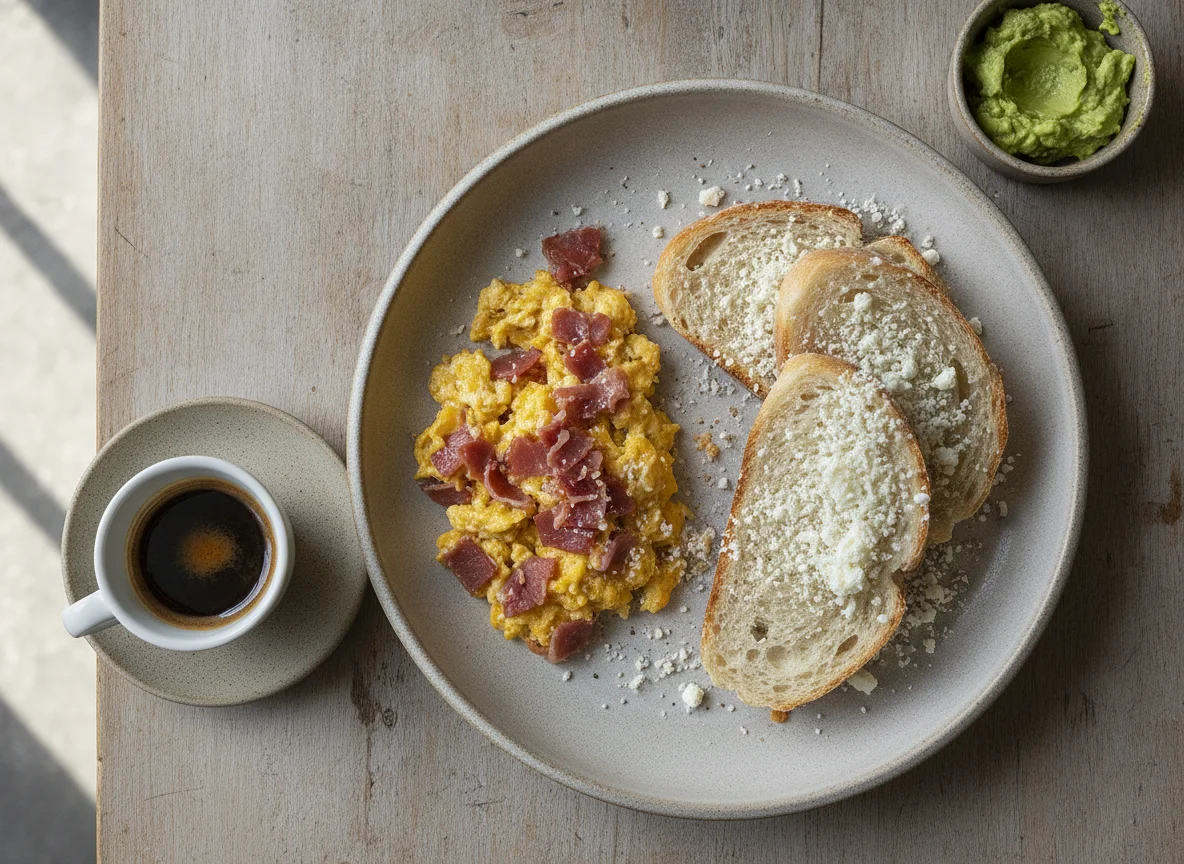 Desayuno con huevos revueltos, pan y queso photo