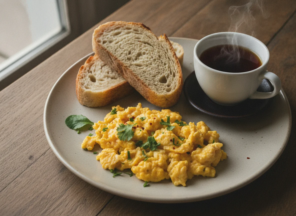 Desayuno con huevos revueltos, pan y té photo