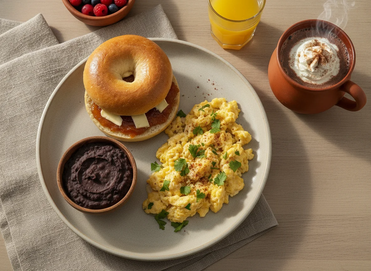 Desayuno con huevos revueltos, panecillo y bebida de chocolate photo