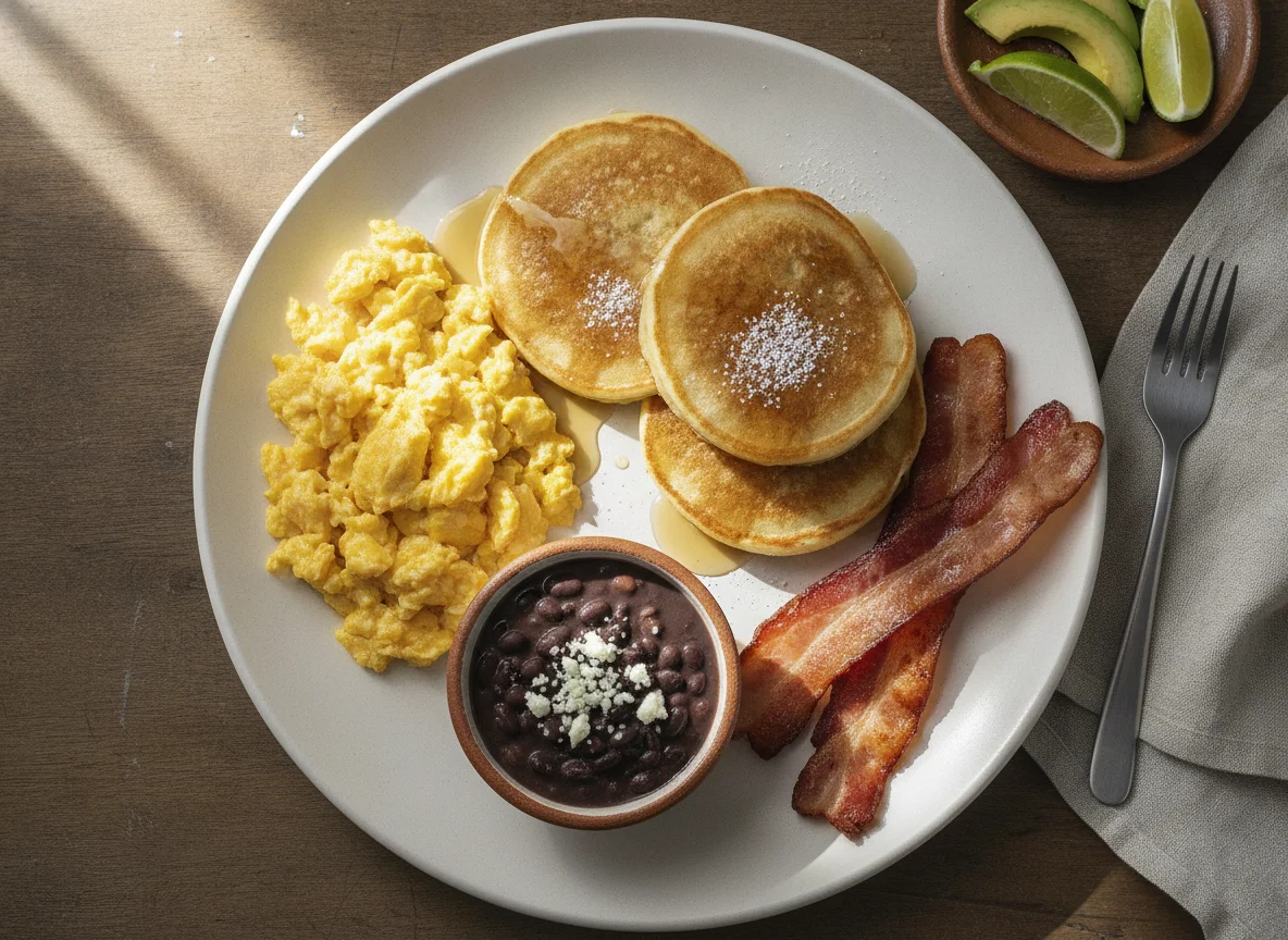 Desayuno con huevos revueltos, panqueques y tocino photo