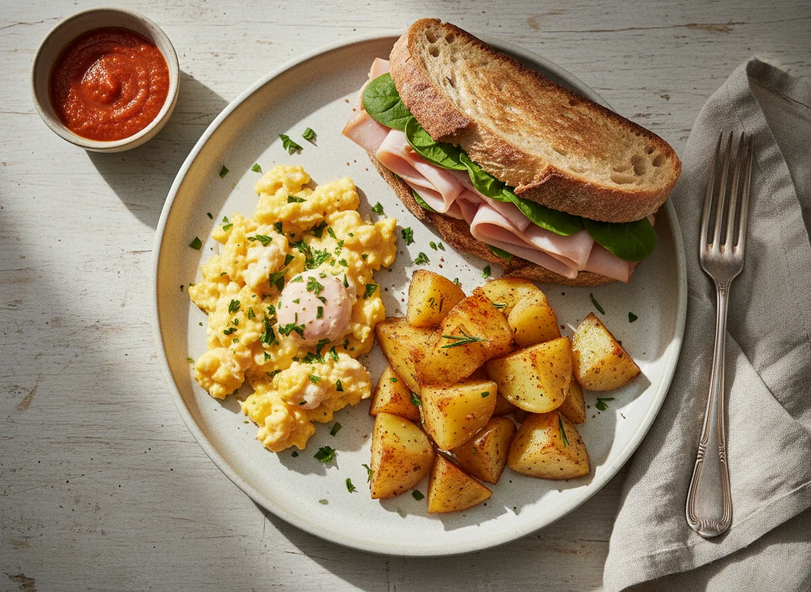 Desayuno con huevos revueltos, papas y sándwich photo