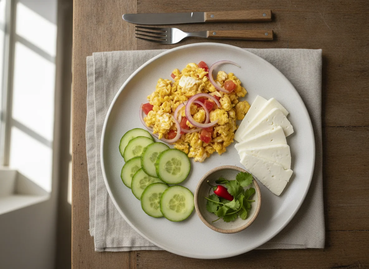 Desayuno con huevos revueltos, pepino y queso photo
