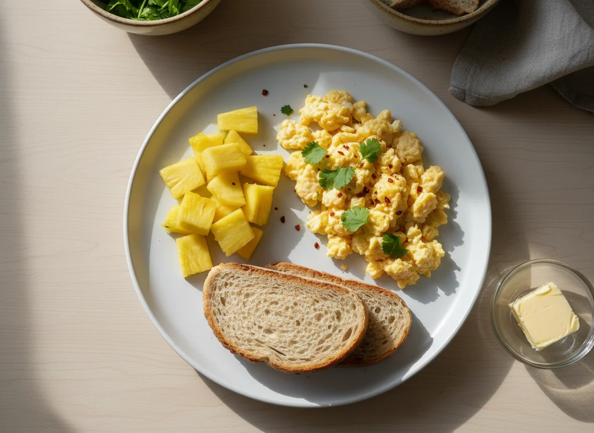 Desayuno con huevos revueltos, piña, pan y mantequilla photo