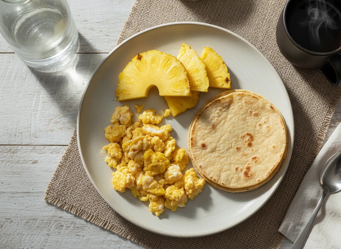 Desayuno con huevos revueltos, piña y tortillas photo