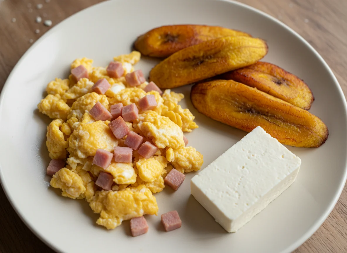 Desayuno con huevos revueltos, plátano maduro frito y queso photo