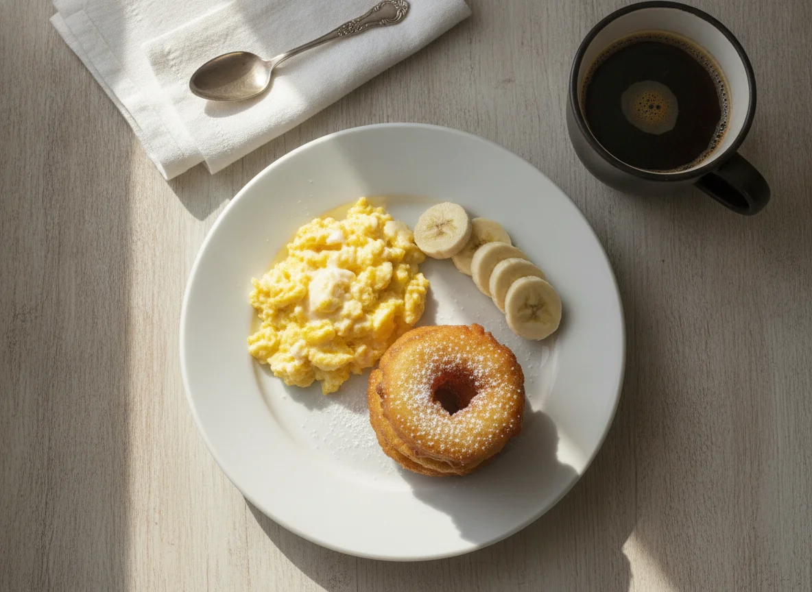 Desayuno con huevos revueltos, plátano y buñuelos photo