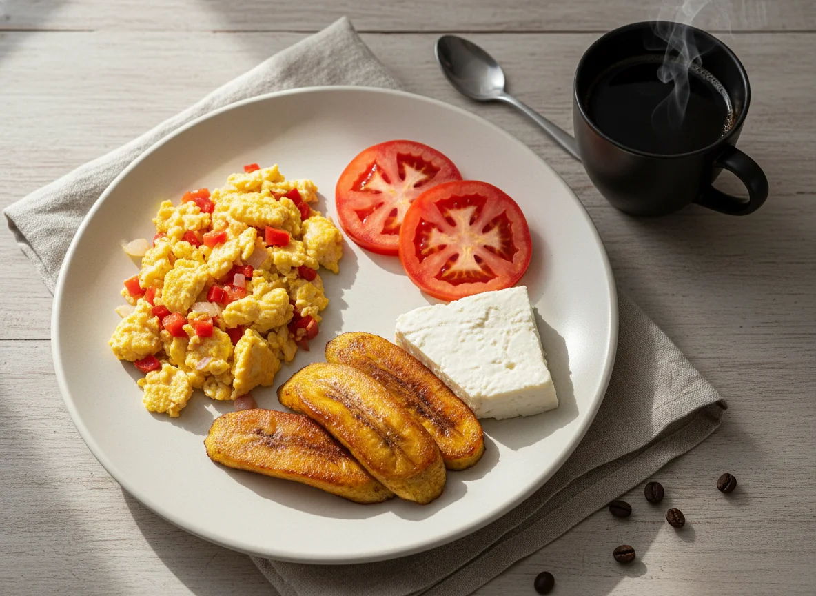 Desayuno con huevos revueltos, plátano y café photo
