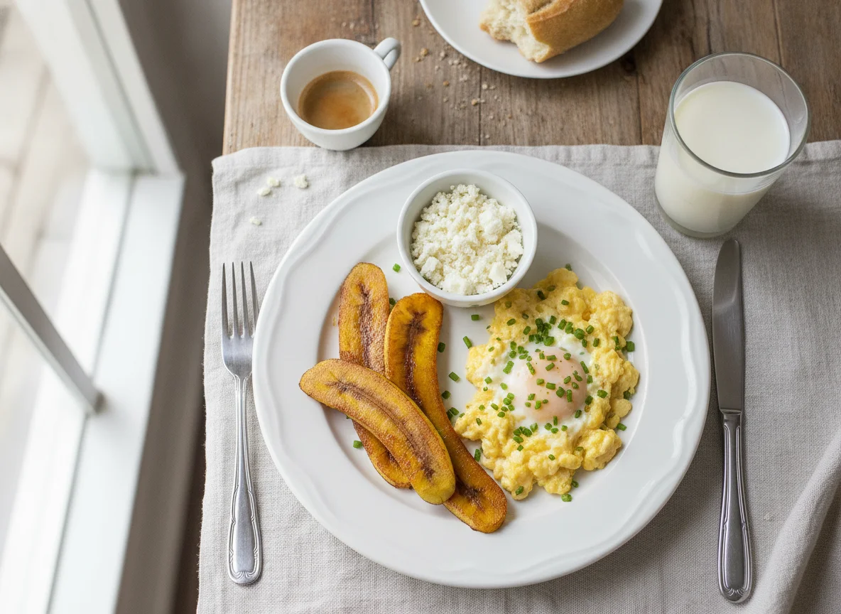 Desayuno con huevos revueltos, plátano y leche photo